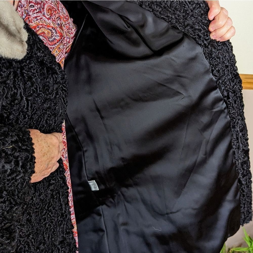 Vintage Black 50s Persian Lamb Karakul Gray Mink Collar Fur Coat Size Large - Picture 6 of 9